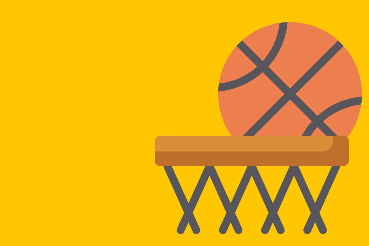 篮球以黄色背景进入球网