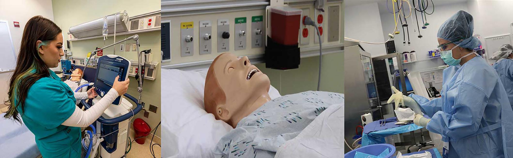 在模拟实验室工作的学生和躺在医院病床上的人体模型.