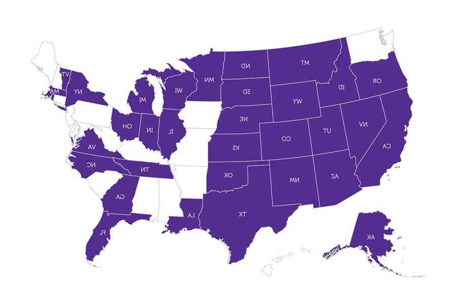 Home States of PTA Online Students. The states colored purple show where online students reside