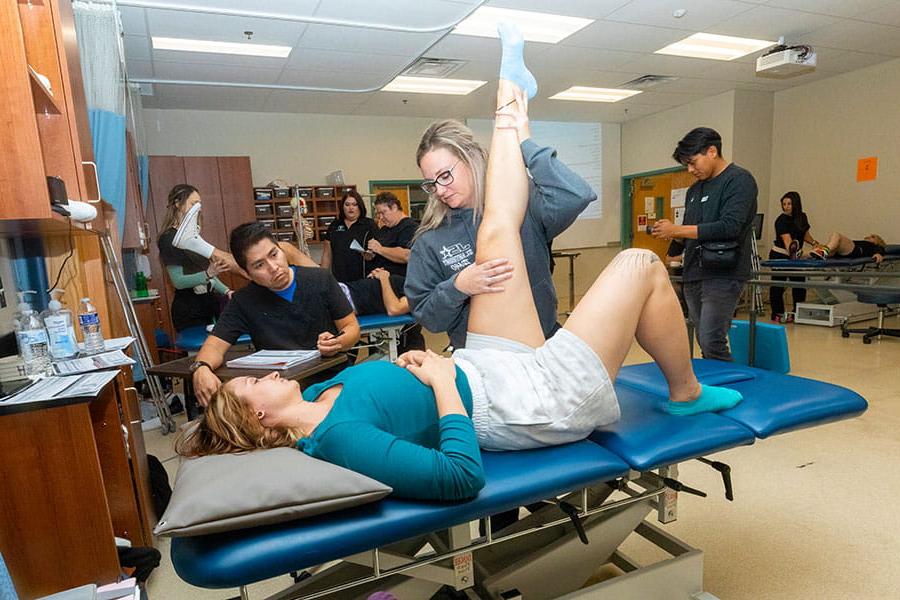 A student stretches the leg of another student laying on a therapy table